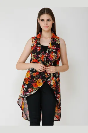 Cation Women Black & Red Printed Open Front Shrug