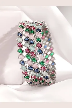 Rubans Set of 4 Rhodium-Plated Multicolor Gemstone Studded Traditional Bangles