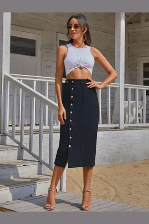 Stylecast Denim A-Line Thigh Slits Maxi Skirts