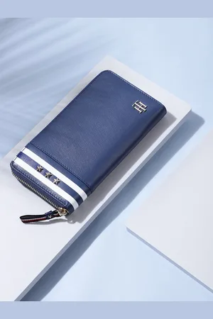 Tommy Hilfiger Women Blue & White Metallic & Striped Detail Leather Zip Around Wallet