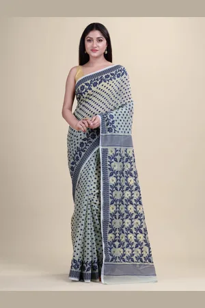 Laa Calcutta Mint Green & Navy Blue Ethnic Motifs Silk Cotton Jamdani Saree