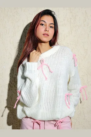 FREAKINS Women White Oversized Pink Bows Sweater