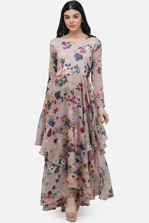 Cation Beige Floral Printed Round Neck Chiffon Maxi Dress