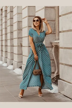 DressBerry Green V Neck Printed Wrap Dress