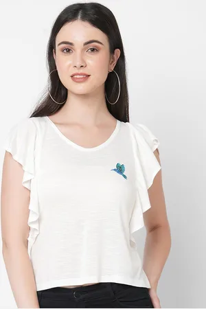 MISH Women White V-Neck Layered Sleeves T-shirt