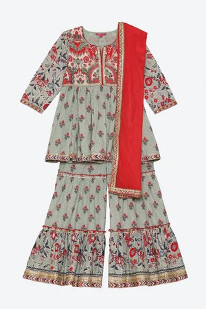Biba Girls Green Ethnic Motifs Printed Pleated Kurta with Sharara & With Dupatta