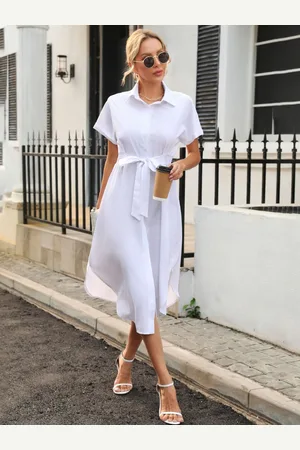 DressBerry White Shirt Collar A-Line Midi Dress