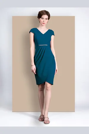 Chemistry Women V-Neck Cap Sleeve Solid Wrapped Polyester Knee-Long Work wear Dress