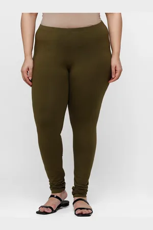 De Moza Women Green Solid Cotton Churidar-Length Leggings