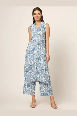 Divena World Floral Printed Lapel Collar Sleeveless Straight Kurta With Trouser