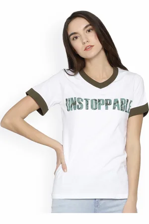 Campus Women White & Olive Green Printed Top