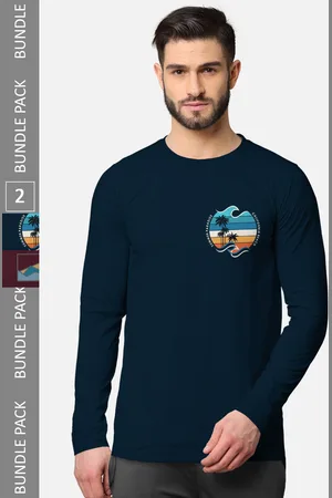 bullmer Men Blue & Burgundy Pack of 2 Printed Cotton T-shirt