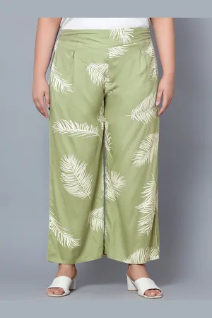 indietoga Women Plus Size Green Print Viscose Rayon Trousers with Pockets