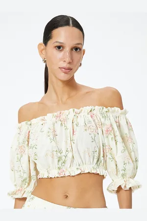 Koton Floral Print Off-Shoulder Cotton Blouson Top