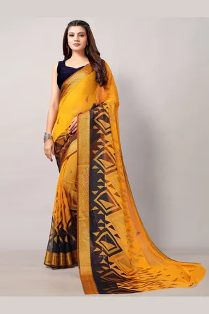 HRITIKA Orange and Blue Abstract Brasso Saree
