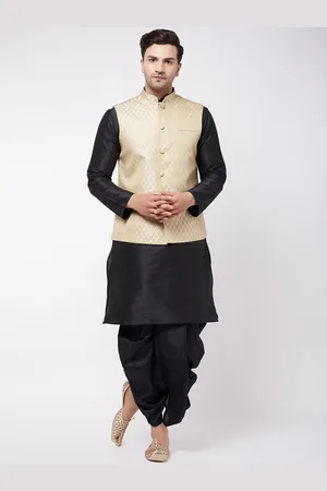 Vastramay Mandarin Collar Regular Kurta with Dhoti Pants & Woven Design Nehru Jacket