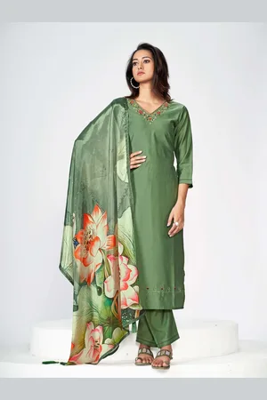 Orus Women Embroidered Regular Thread Work Pure Silk Kurta with Trousers & With Dupatta