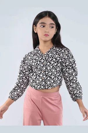 taffykids Girls Relaxed Fit Mandarin Collar Floral Printed Cotton Casual Shirt