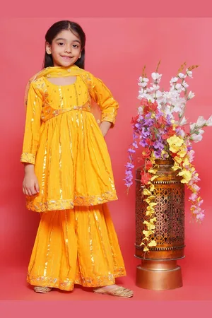 Little Bansi Girls Embroidered Beads and Stones Pure Cotton Kurta with Sharara & Dupatta