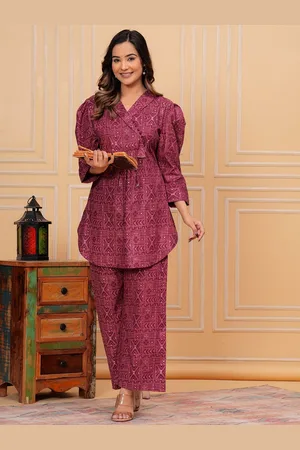 Kalini Ethnic Motifs Printed Shawl Neck Puff Sleeves Pure Cotton Tunic With Trousers