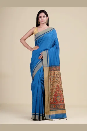 Laa Calcutta Blue & Beige Woven Design Jute Silk Jamdani Saree