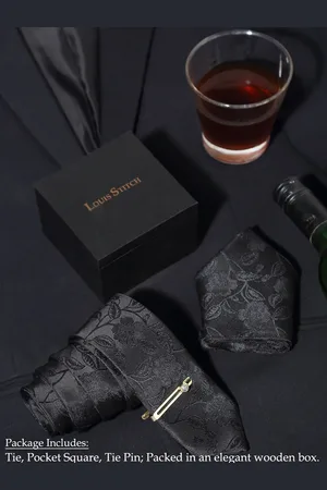LOUIS STITCH Men Floral Black Italian Silk Necktie Accessory Gift Set