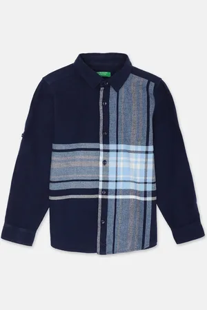 Benetton Boys Navy Blue Checked Cotton Casual Shirt