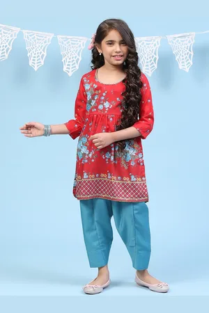 Biba Girls Floral Printed Pleated Gotta Patti Kurta with Salwar