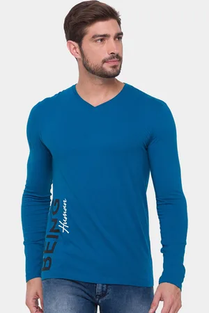 Being Human Men Blue Typography V-Neck Applique T-shirt
