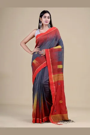 Laa Calcutta Women Grey & Red Woven Design Jute Silk Jamdani Saree