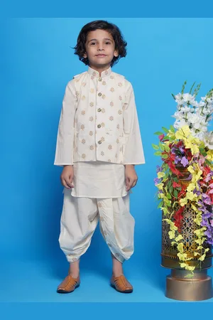 Little Bansi Boys Mandarin Collar Pure Cotton Kurta with Dhoti Pant & Nehru Jacket
