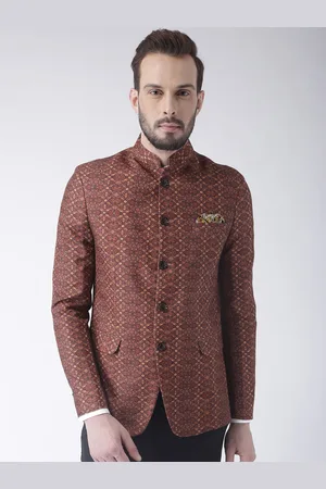 Hangup Men Brown & Orange Printed Bandhgala Single Breasted Ethnic Blazer