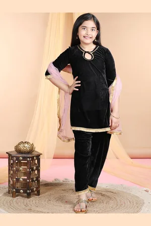 Cutiekins Girls Keyhole Neck Gotta Patti Velvet A-Line Kurta With Dhoti Pant & Dupatta