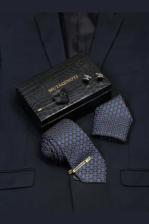 MUTAQINOTI Men Geometric Textured Silk Necktie Accessory Gift Set