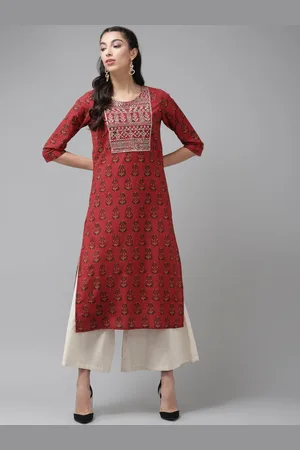 Cayman Women Maroon & Green Ethnic Motifs Printed Thread Work Straight Kurta
