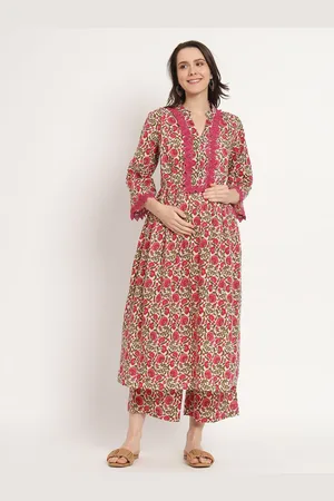 Aujjessa Floral Printed A-Line Pure Cotton Maternity Feeding Kurta with Trousers
