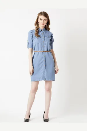 Chemistry Women Polo Neck Rolled Up Full Sleeve Denim Solid Buttoned A-Line Mini Dress