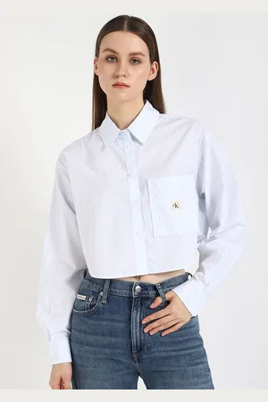 Calvin Klein Women Spread Collar Vertical Striped Cotton Casual Shirt