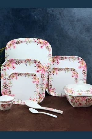 Aura White & Pink 40 Pieces Floral Printed Melamine Double Coated Glossy Dinner Set
