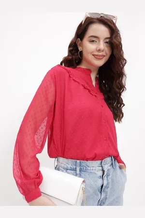 DressBerry Cherry Red Dobby Delight Ruffled Shirt