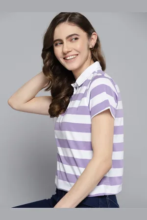 Mast & Harbour Women Pure Cotton Striped Polo Collar T-shirt