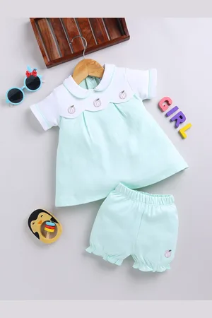Moms Love Infant Girls Peter Pan Collar Pure Cotton Colourblocked A-Line Dress with Shorts