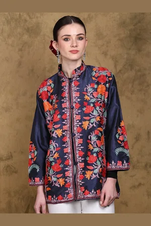 Exotic India Patriot Blue Kashmiri Short Jacket with Floral Aari Embroidery
