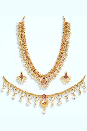 Peora Gold Plated Stones Studded & Beaded Jewellery Set With Waist Belt