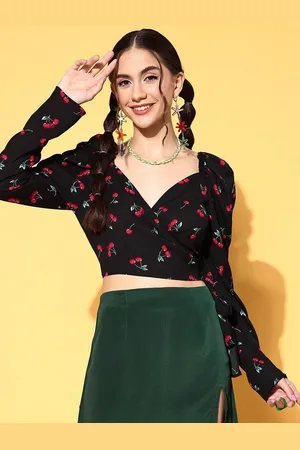 Berrylush Print Sweetheart Neck Puff Sleeve Wrap Crop Top