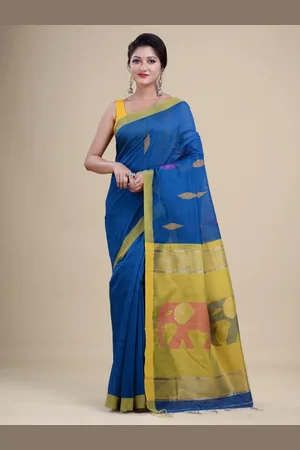 Laa Calcutta Blue & Green Woven Design Zari Silk Cotton Jamdani Saree