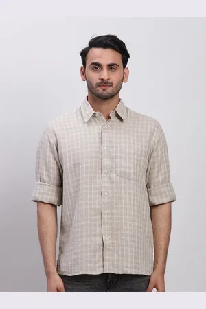 ColorPlus Checked Linen Spread Collar Long Sleeves Opaque Casual Shirt