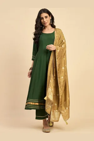 Azira Round Neck Zari Anarkali Art Silk Kurta With Palazzos & Dupatta