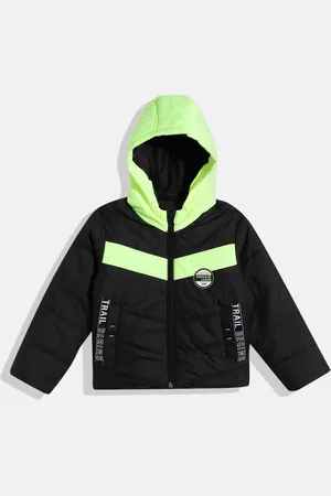 Indian Terrain Boys Colorblocked Typography Detailed Hooded Biker Jacket with Patchwork