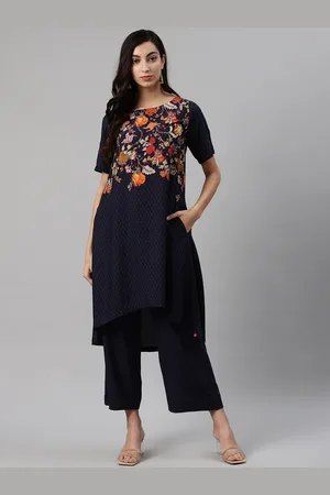 Biba Women Navy Blue Printed Kurta with Palazzos